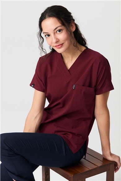 UltraLycra Harmony/Spaniard - Likralı Doktor Hemşire Forma Takımı Scrubs Üniforma Cerrahi Takım (KADIN), Bordo/Laci
