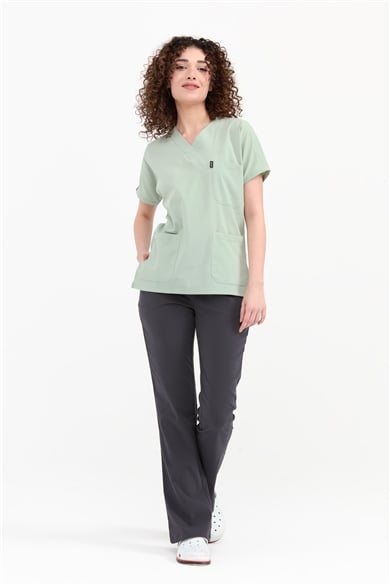 UltraLycra Harmony/Spaniard - Likralı Doktor Hemşire Forma Takımı Scrubs Üniforma Cerrahi Takım (KADIN), Su Yeşili/Antrasit
