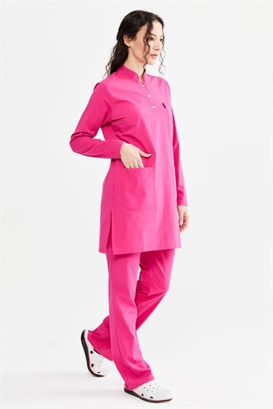UltraLycra Modest - Likralı Doktor Hemşire Tesettür Forma Takımı Scrubs Üniforma Cerrahi Takım, Fuşya