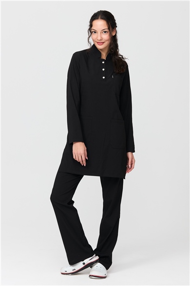 UltraLycra Modest - Likralı Doktor Hemşire Tesettür Forma Takımı Scrubs Üniforma Cerrahi Takım, Siyah