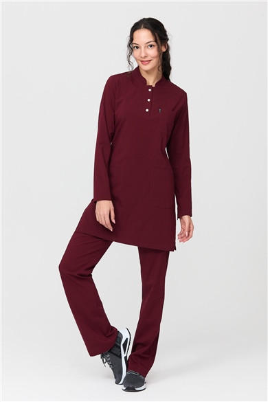 UltraLycra Modest - Likralı Doktor Hemşire Tesettür Forma Takımı Scrubs Üniforma Cerrahi Takım, Bordo