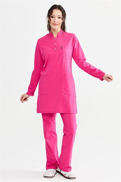 UltraLycra Modest - Likralı Doktor Hemşire Tesettür Forma Takımı Scrubs Üniforma Cerrahi Takım, Fuşya
