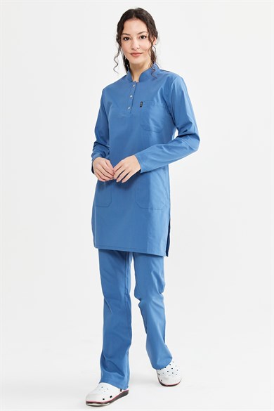 UltraLycra Modest - Likralı Doktor Hemşire Tesettür Forma Takımı Scrubs Üniforma Cerrahi Takım, İndigo