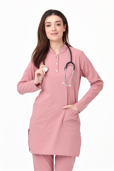 UltraLycra Modest - Likralı Doktor Hemşire Tesettür Forma Takımı Scrubs Üniforma Cerrahi Takım, Bronz Pembe