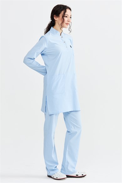 UltraLycra Modest - Likralı Doktor Hemşire Tesettür Forma Takımı Scrubs Üniforma Cerrahi Takım, Buz Mavi