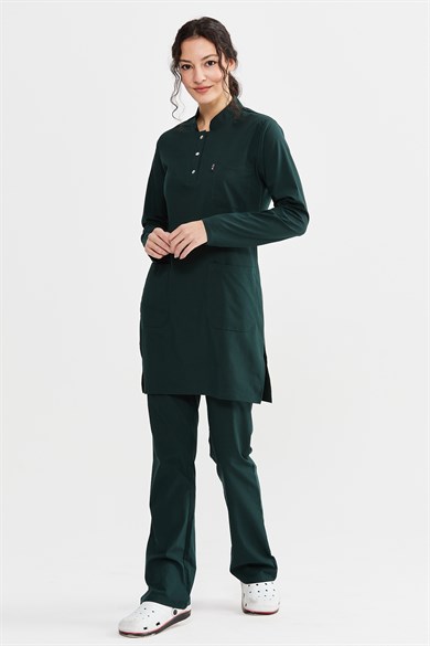 UltraLycra Modest - Likralı Doktor Hemşire Tesettür Forma Takımı Scrubs Üniforma Cerrahi Takım, Koyu Yeşil