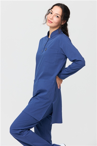 UltraLycra Modest - Likralı Doktor Hemşire Tesettür Forma Takımı Scrubs Üniforma Cerrahi Takım, Fırtına Mavi