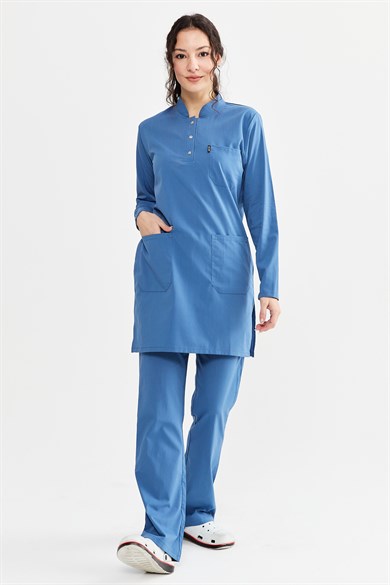 UltraLycra Modest - Likralı Doktor Hemşire Tesettür Forma Takımı Scrubs Üniforma Cerrahi Takım, İndigo