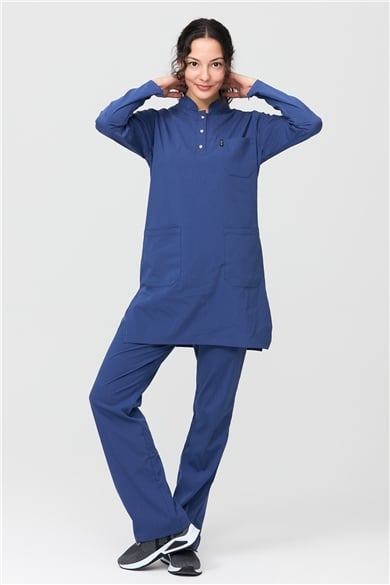 UltraLycra Modest - Likralı Doktor Hemşire Tesettür Forma Takımı Scrubs Üniforma Cerrahi Takım, Fırtına Mavi