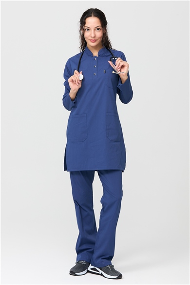 UltraLycra Modest - Likralı Doktor Hemşire Tesettür Forma Takımı Scrubs Üniforma Cerrahi Takım, Fırtına Mavi