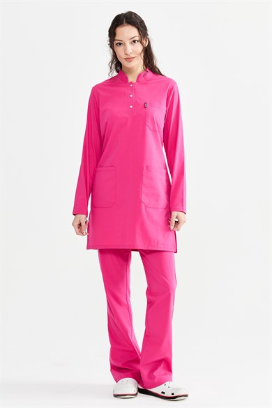 UltraLycra Modest - Likralı Doktor Hemşire Tesettür Forma Takımı Scrubs Üniforma Cerrahi Takım, Fuşya