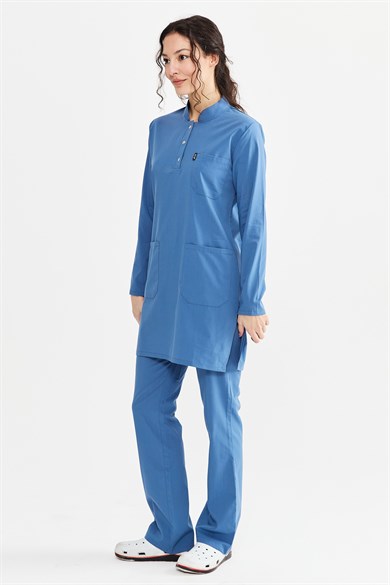 UltraLycra Modest - Likralı Doktor Hemşire Tesettür Forma Takımı Scrubs Üniforma Cerrahi Takım, İndigo