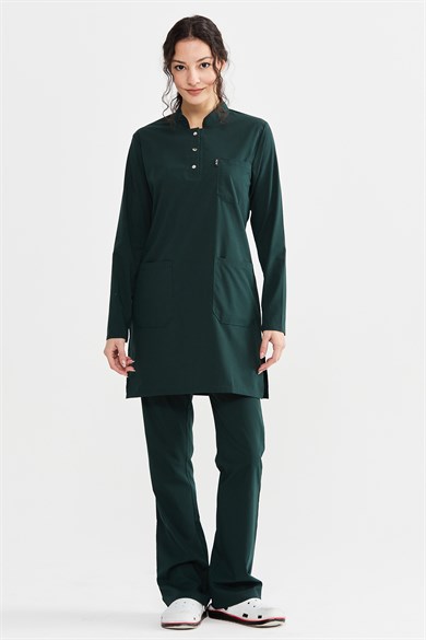 UltraLycra Modest - Likralı Doktor Hemşire Tesettür Forma Takımı Scrubs Üniforma Cerrahi Takım, Koyu Yeşil