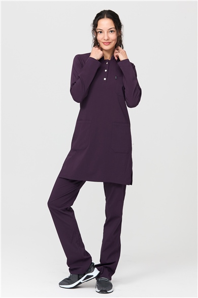 UltraLycra Modest - Likralı Doktor Hemşire Tesettür Forma Takımı Scrubs Üniforma Cerrahi Takım, Koyu Mor