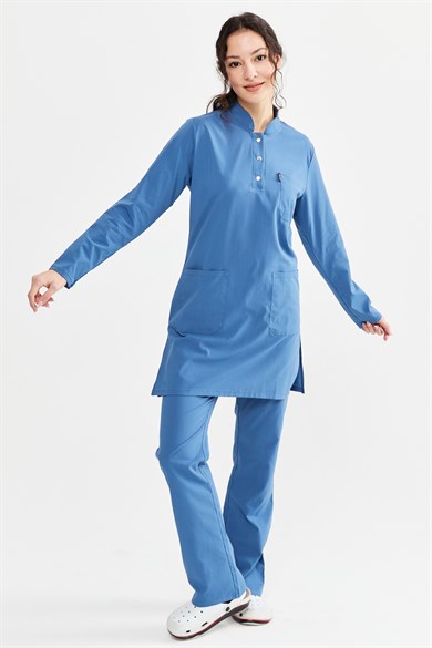 UltraLycra Modest - Likralı Doktor Hemşire Tesettür Forma Takımı Scrubs Üniforma Cerrahi Takım, İndigo