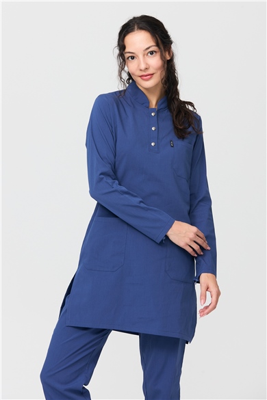 UltraLycra Modest - Likralı Doktor Hemşire Tesettür Forma Takımı Scrubs Üniforma Cerrahi Takım, Fırtına Mavi