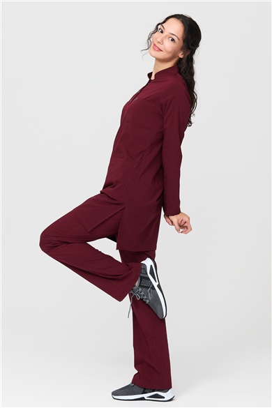 UltraLycra Modest - Likralı Doktor Hemşire Tesettür Forma Takımı Scrubs Üniforma Cerrahi Takım, Bordo