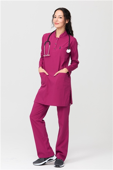 UltraLycra Modest - Likralı Doktor Hemşire Tesettür Forma Takımı Scrubs Üniforma Cerrahi Takım, Vişne