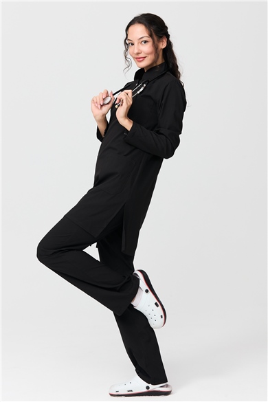 UltraLycra Modest - Likralı Doktor Hemşire Tesettür Forma Takımı Scrubs Üniforma Cerrahi Takım, Siyah