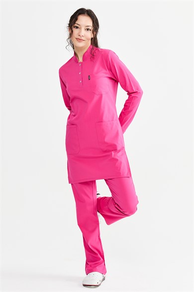 UltraLycra Modest - Likralı Doktor Hemşire Tesettür Forma Takımı Scrubs Üniforma Cerrahi Takım, Fuşya