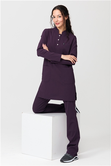 UltraLycra Modest - Likralı Doktor Hemşire Tesettür Forma Takımı Scrubs Üniforma Cerrahi Takım, Koyu Mor