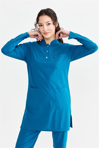UltraLycra Modest - Likralı Doktor Hemşire Tesettür Forma Takımı Scrubs Üniforma Cerrahi Takım, Petrol Mavi