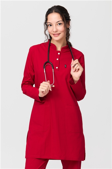 UltraLycra Modest - Likralı Doktor Hemşire Tesettür Forma Takımı Scrubs Üniforma Cerrahi Takım, Kırmızı