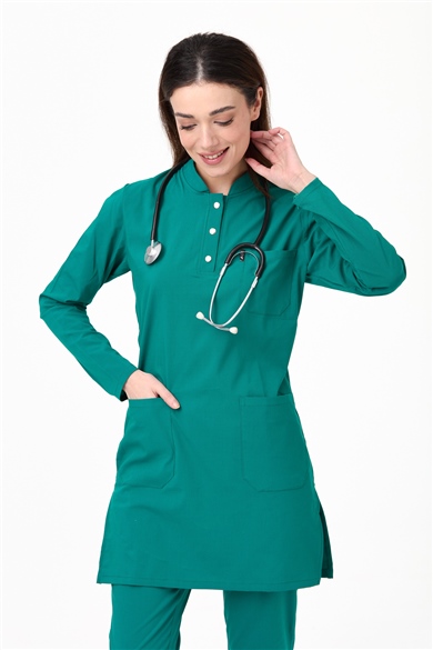 UltraLycra Modest - Likralı Doktor Hemşire Tesettür Forma Takımı Scrubs Üniforma Cerrahi Takım, Cerrahi Yeşil