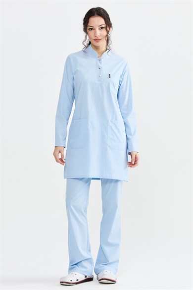 UltraLycra Modest - Likralı Doktor Hemşire Tesettür Forma Takımı Scrubs Üniforma Cerrahi Takım, Buz Mavi