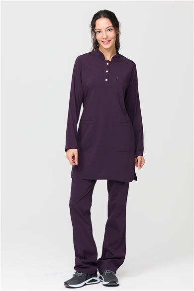 UltraLycra Modest - Likralı Doktor Hemşire Tesettür Forma Takımı Scrubs Üniforma Cerrahi Takım, Koyu Mor