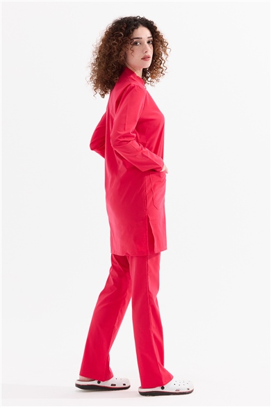 UltraLycra Modest - Likralı Doktor Hemşire Tesettür Forma Takımı Scrubs Üniforma Cerrahi Takım, Nar Çiçeği