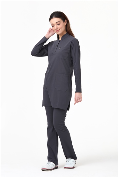 UltraLycra Modest - Likralı Doktor Hemşire Tesettür Forma Takımı Scrubs Üniforma Cerrahi Takım, Antrasit