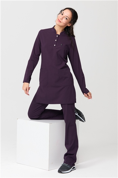 UltraLycra Modest - Likralı Doktor Hemşire Tesettür Forma Takımı Scrubs Üniforma Cerrahi Takım, Koyu Mor