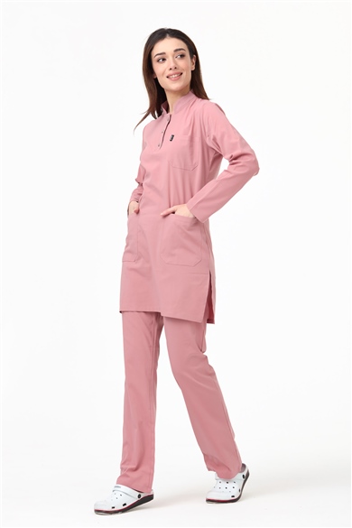 UltraLycra Modest - Likralı Doktor Hemşire Tesettür Forma Takımı Scrubs Üniforma Cerrahi Takım, Bronz Pembe