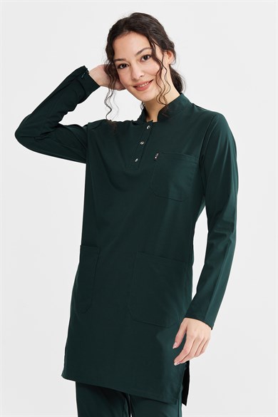 UltraLycra Modest - Likralı Doktor Hemşire Tesettür Forma Takımı Scrubs Üniforma Cerrahi Takım, Koyu Yeşil