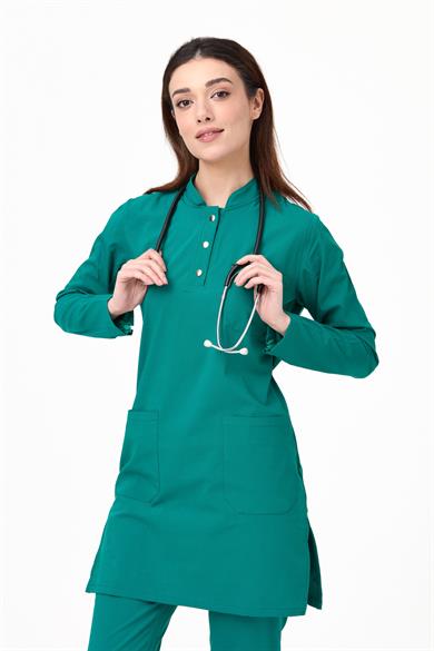 UltraLycra Modest - Likralı Doktor Hemşire Tesettür Tek Üst Forma, Cerrahi Yeşil