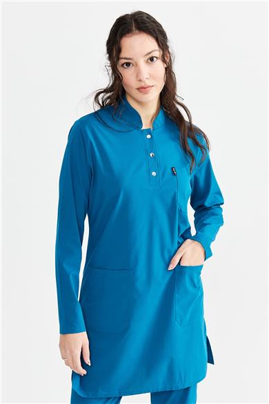 UltraLycra Modest - Likralı Doktor Hemşire Tesettür Tek Üst Forma, Petrol Mavi