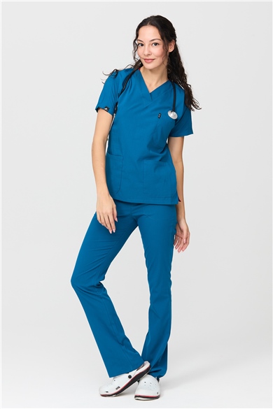 UltraLycra Spaniard - Likralı Doktor Hemşire Forma Takımı Scrubs Üniforma Cerrahi Takım (KADIN), Petrol Mavi