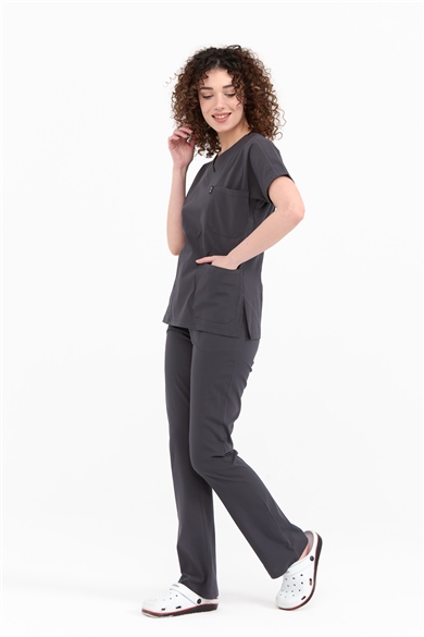 UltraLycra Spaniard - Likralı Doktor Hemşire Forma Takımı Scrubs Üniforma Cerrahi Takım (KADIN), Antrasit