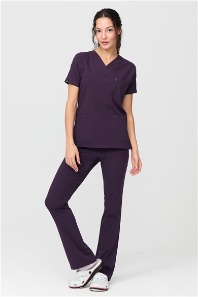 UltraLycra Spaniard - Likralı Doktor Hemşire Forma Takımı Scrubs Üniforma Cerrahi Takım (KADIN), Koyu Mor