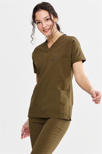 UltraLycra Spaniard - Likralı Doktor Hemşire Forma Takımı Scrubs Üniforma Cerrahi Takım (KADIN), Haki