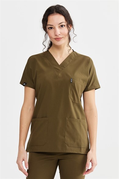 UltraLycra Spaniard - Likralı Doktor Hemşire Forma Takımı Scrubs Üniforma Cerrahi Takım (KADIN), Haki