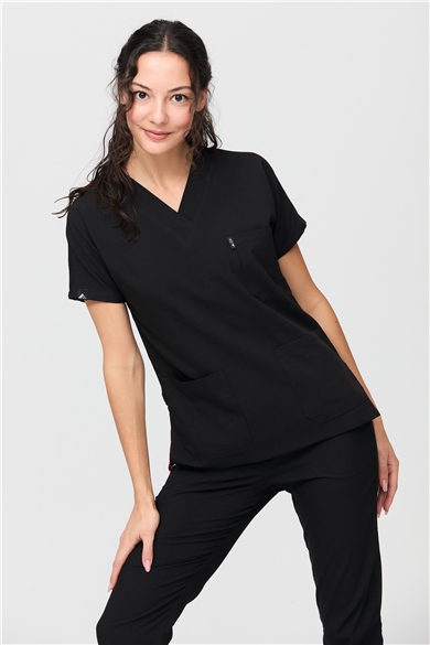 UltraLycra Spaniard - Likralı Doktor Hemşire Forma Takımı Scrubs Üniforma Cerrahi Takım (KADIN), Siyah