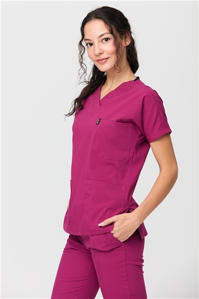 UltraLycra Spaniard - Likralı Doktor Hemşire Forma Takımı Scrubs Üniforma Cerrahi Takım (KADIN), Vişne