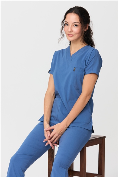 UltraLycra Spaniard - Likralı Doktor Hemşire Forma Takımı Scrubs Üniforma Cerrahi Takım (KADIN), İndigo