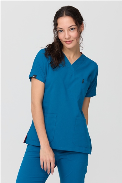 UltraLycra Spaniard - Likralı Doktor Hemşire Forma Takımı Scrubs Üniforma Cerrahi Takım (KADIN), Petrol Mavi