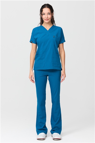 UltraLycra Spaniard - Likralı Doktor Hemşire Forma Takımı Scrubs Üniforma Cerrahi Takım (KADIN), Petrol Mavi