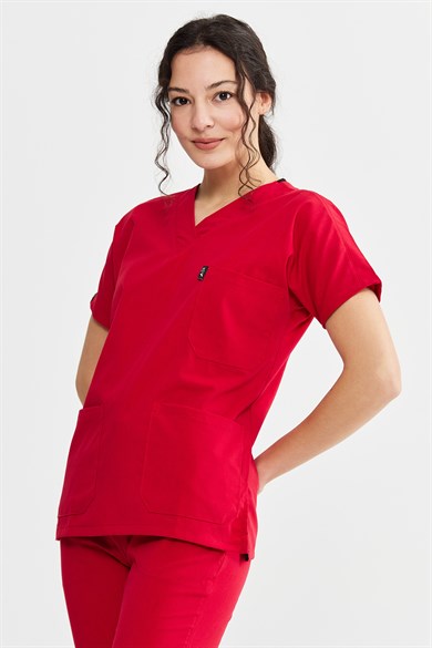 UltraLycra Spaniard - Likralı Doktor Hemşire Forma Takımı Scrubs Üniforma Cerrahi Takım (KADIN), Kırmızı
