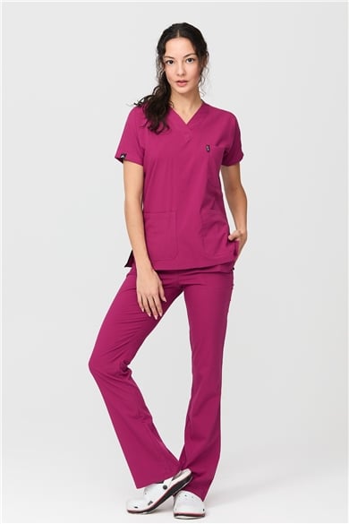 UltraLycra Spaniard - Likralı Doktor Hemşire Forma Takımı Scrubs Üniforma Cerrahi Takım (KADIN), Vişne