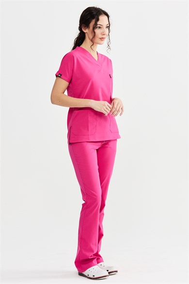 UltraLycra Spaniard - Likralı Doktor Hemşire Forma Takımı Scrubs Üniforma Cerrahi Takım (KADIN), Fuşya